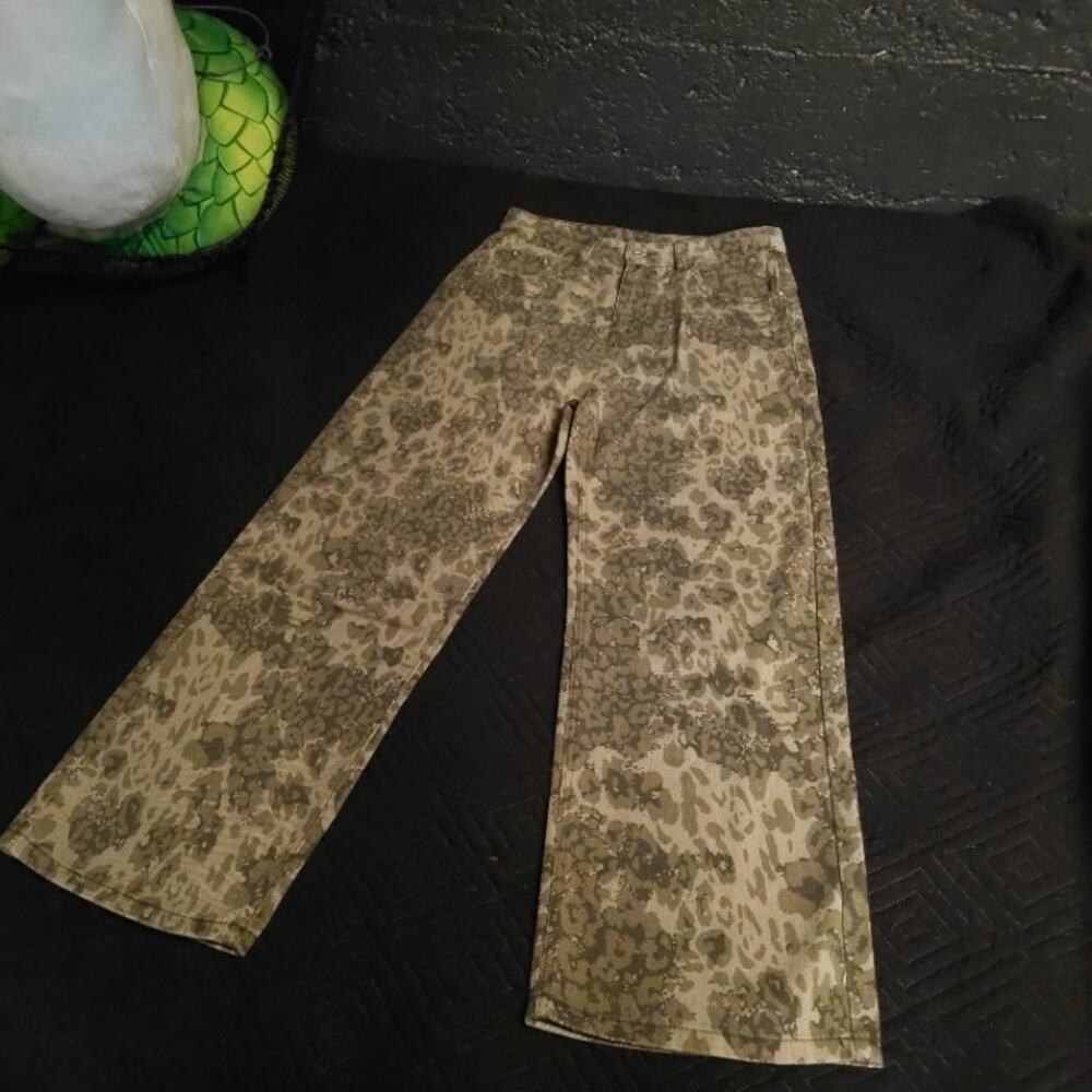 Leopard Camo Print Wide Leg Baggy Jeans Olive Green W32 42in